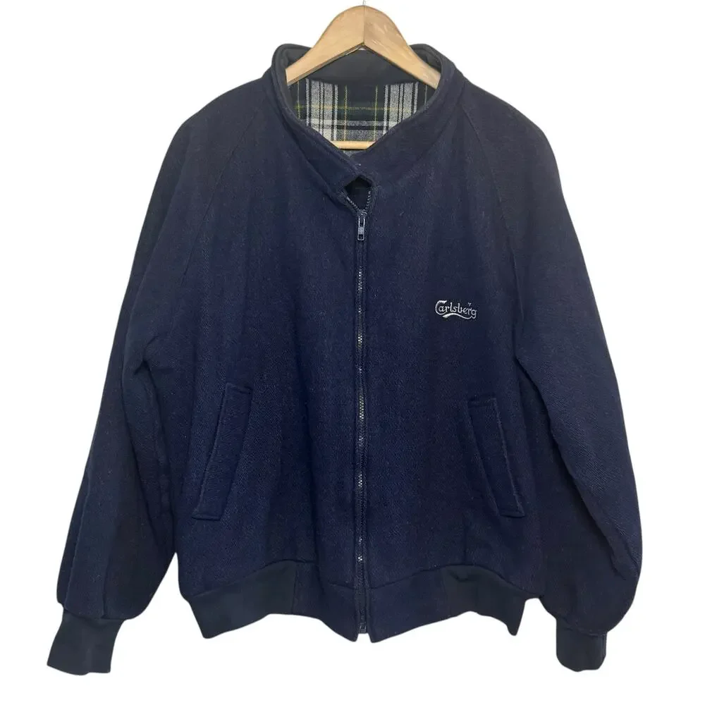 Carlsberg Vintage Navy Blue Zip Up Wool Plaid Flannel Lined Embroidered Jacket